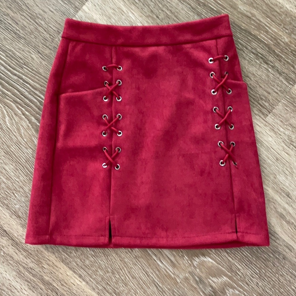 Lace Up Red Mini Skirt